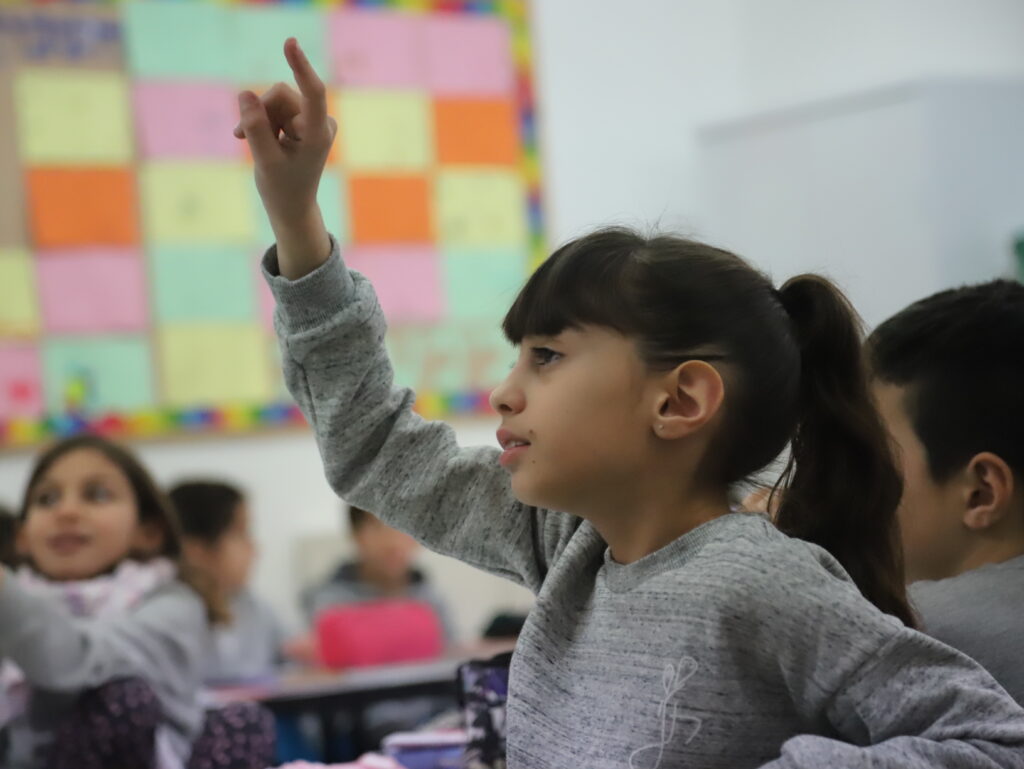 Student raising hand in classroom, engaged through mediated learning